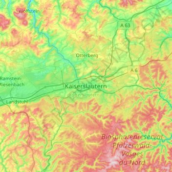 Топографическая карта Kaiserslautern, высота, рельеф