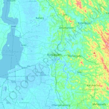 Топографическая карта Kottayam, высота, рельеф