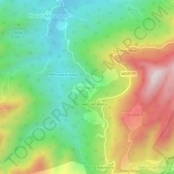 Топографическая карта Pethuparai, высота, рельеф
