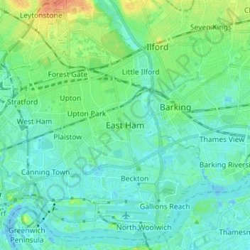 Топографическая карта East Ham, высота, рельеф