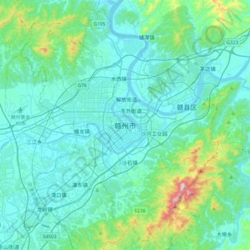 Топографическая карта 赣州市, высота, рельеф