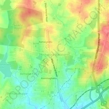 Топографическая карта Archakara Badavane, высота, рельеф