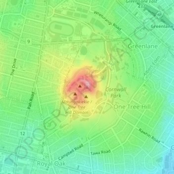 Топографическая карта One Tree Hill, высота, рельеф