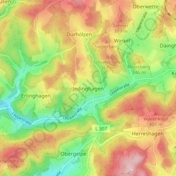 Топографическая карта Jedinghagen, высота, рельеф