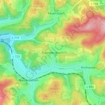 Топографическая карта Flammersbach, высота, рельеф