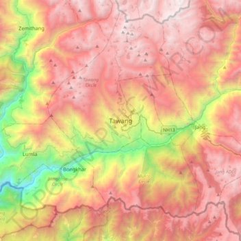 Топографическая карта Tawang, высота, рельеф