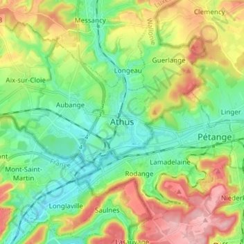 Топографическая карта Athus, высота, рельеф