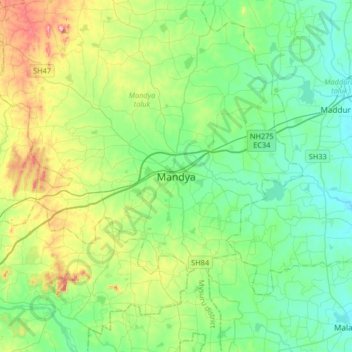 Топографическая карта Mandya, высота, рельеф