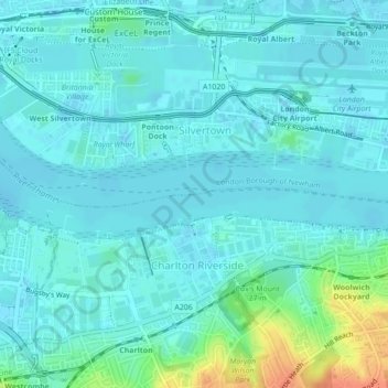 Топографическая карта Thames Barrier, высота, рельеф