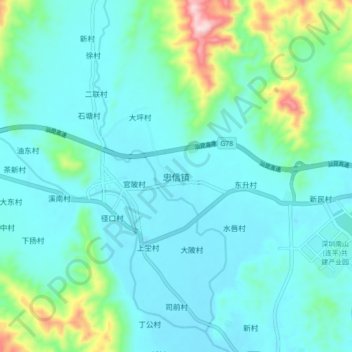 Топографическая карта 忠信镇, высота, рельеф