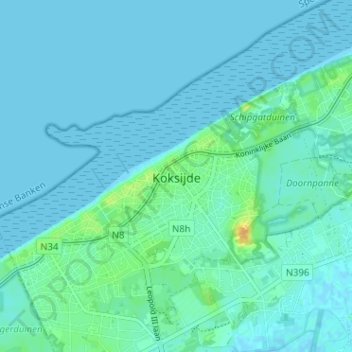 Топографическая карта Coxyde-les-Bains, высота, рельеф