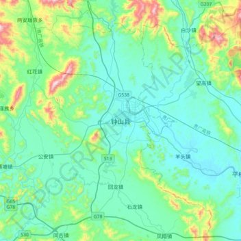 Топографическая карта Zhongshan, высота, рельеф