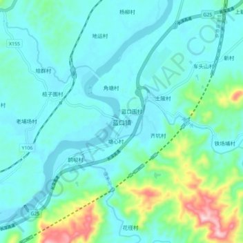 Топографическая карта 蓝口镇, высота, рельеф