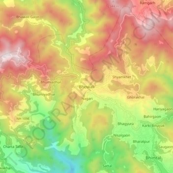Топографическая карта Bhowali, высота, рельеф