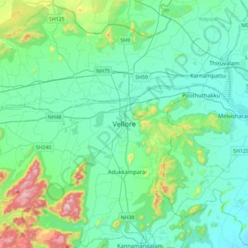 Топографическая карта Vellore, высота, рельеф