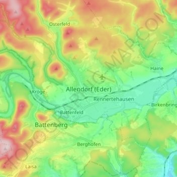 Топографическая карта Allendorf (Eder), высота, рельеф