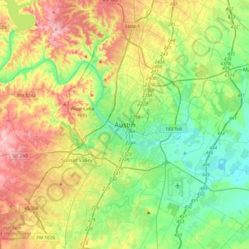 Топографическая карта Austin, высота, рельеф