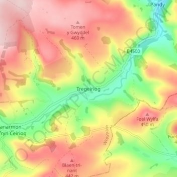 Топографическая карта Tregeiriog, высота, рельеф