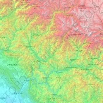 Топографическая карта Tehri-Garhwal, высота, рельеф