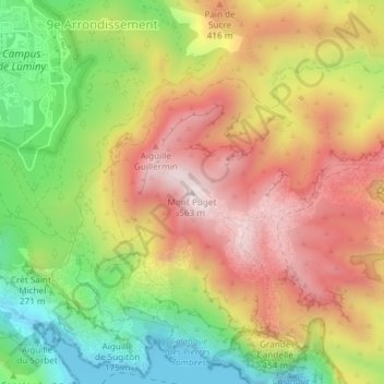 Топографическая карта Mont Puget, высота, рельеф