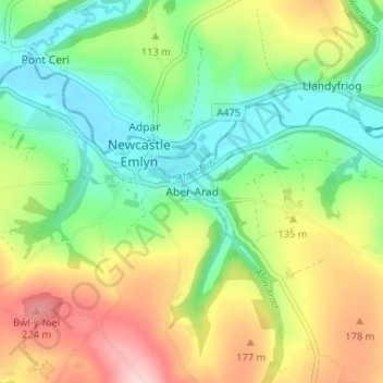 Топографическая карта Aber-Arad, высота, рельеф