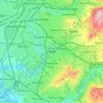 Топографическая карта Hyde, высота, рельеф
