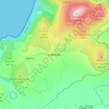 Топографическая карта Llithfaen, высота, рельеф