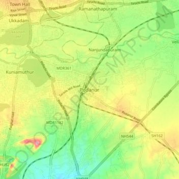 Топографическая карта Podanur, высота, рельеф