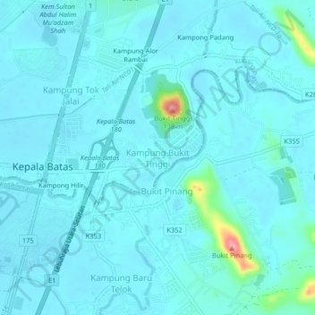 Топографическая карта Kampung Bukit Tinggi, высота, рельеф