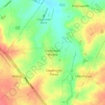 Топографическая карта Claybrooke Magna, высота, рельеф