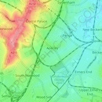 Топографическая карта Anerley, высота, рельеф