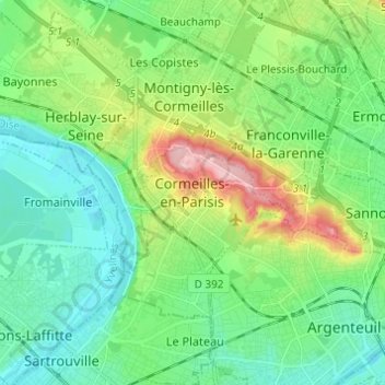 Топографическая карта Cormeilles-en-Parisis, высота, рельеф