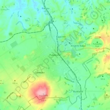 Топографическая карта Pukekohe, высота, рельеф