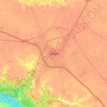 Топографическая карта Auraiya, высота, рельеф