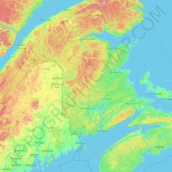 Топографическая карта New Brunswick, высота, рельеф