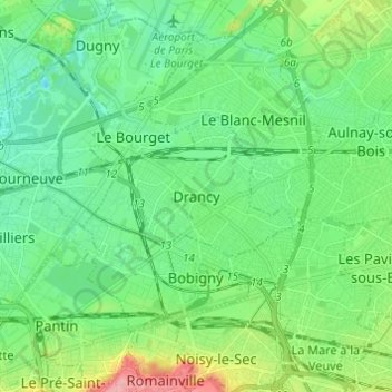 Топографическая карта Drancy, высота, рельеф