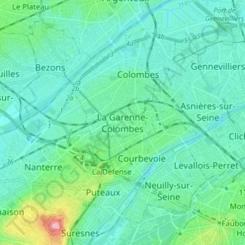 Топографическая карта La Garenne-Colombes, высота, рельеф