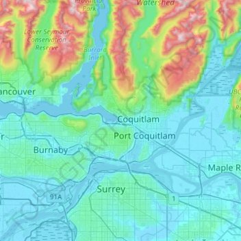 Топографическая карта Port Moody, высота, рельеф