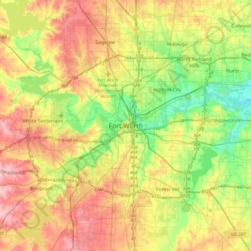 Топографическая карта Fort Worth, высота, рельеф