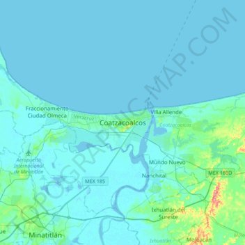 Топографическая карта Coatzacoalcos, высота, рельеф