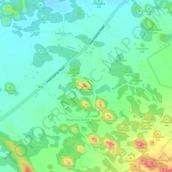 Топографическая карта Chocolate Hills, высота, рельеф