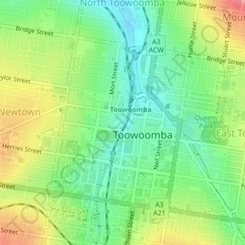 Топографическая карта Toowoomba City, высота, рельеф