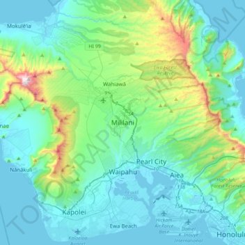 Топографическая карта Mililani, высота, рельеф