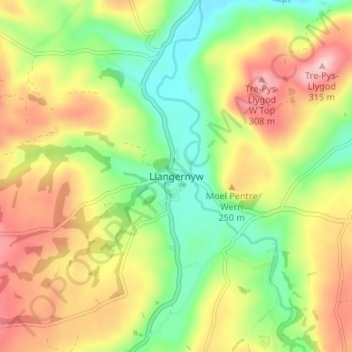 Топографическая карта Llangernyw, высота, рельеф