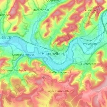 Топографическая карта Hammelburg, высота, рельеф