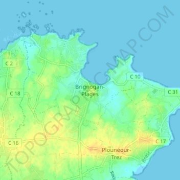 Топографическая карта Brignogan-Plages, высота, рельеф