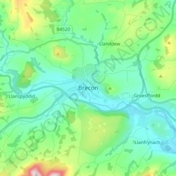 Топографическая карта Brecon, высота, рельеф