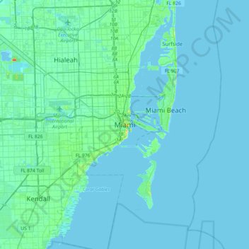 Топографическая карта Miami, высота, рельеф