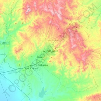 Топографическая карта Guanajuato, высота, рельеф