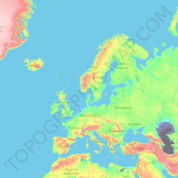 Топографическая карта Европа, высота, рельеф